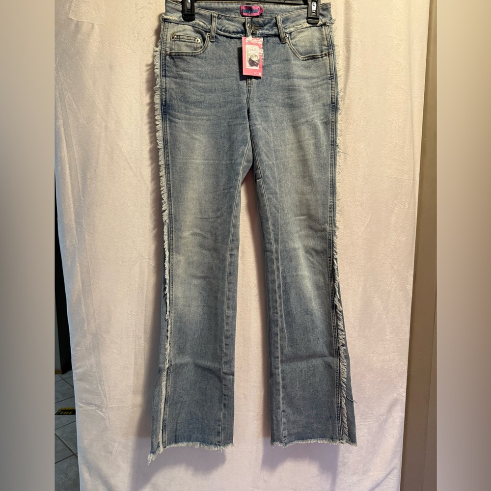 Edikted Light Blue Frayed Hem Flare Jeans